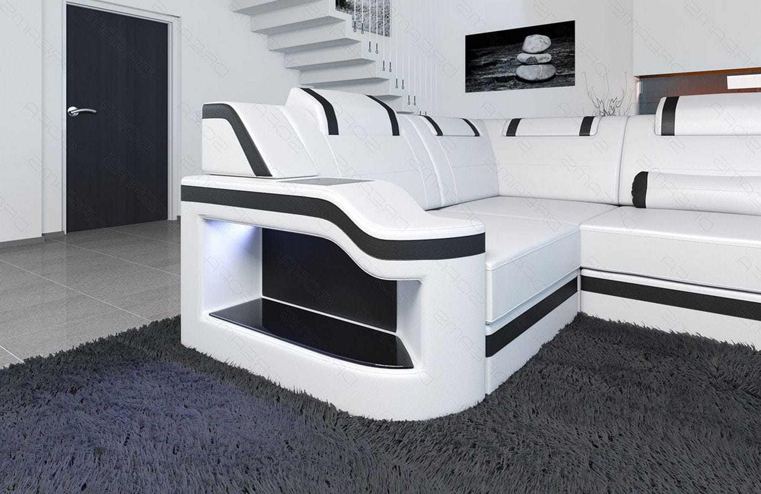 Design Wohnlandschaft Palermo U-Form mit LED weiß-schwarz