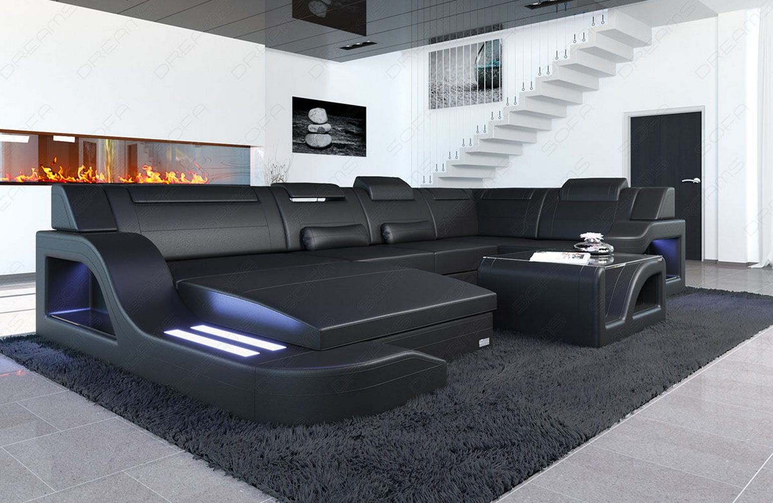 Design Wohnlandschaft Palermo U-Form mit LED schwarz
