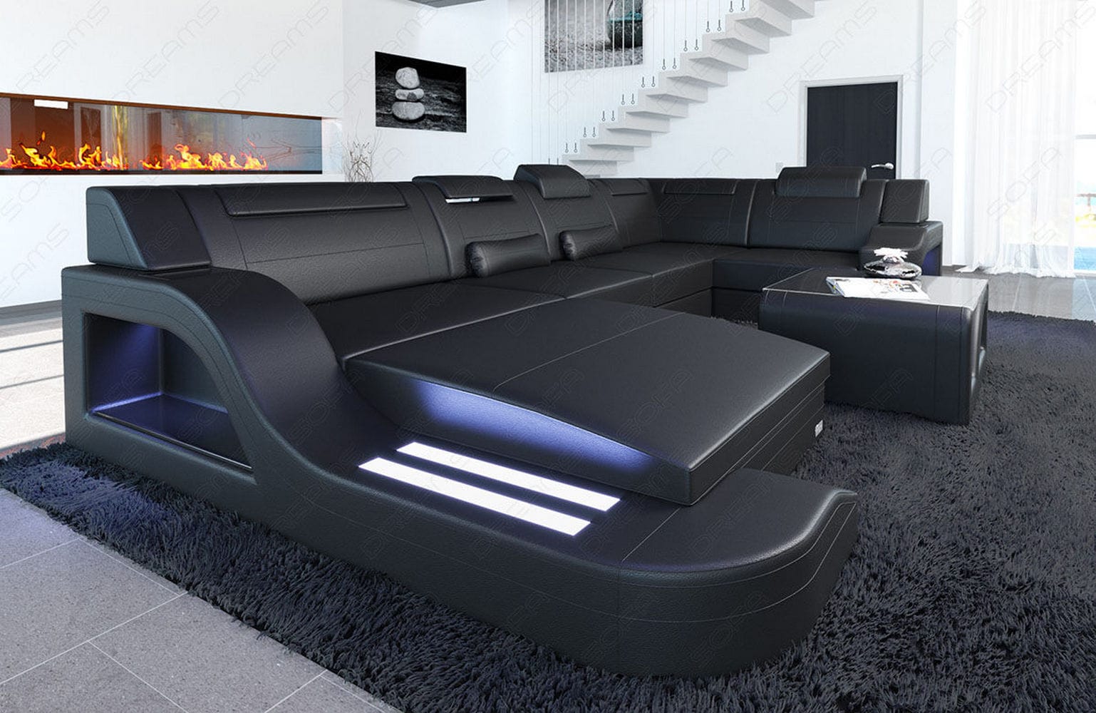 Design Wohnlandschaft Palermo U-Form mit LED schwarz