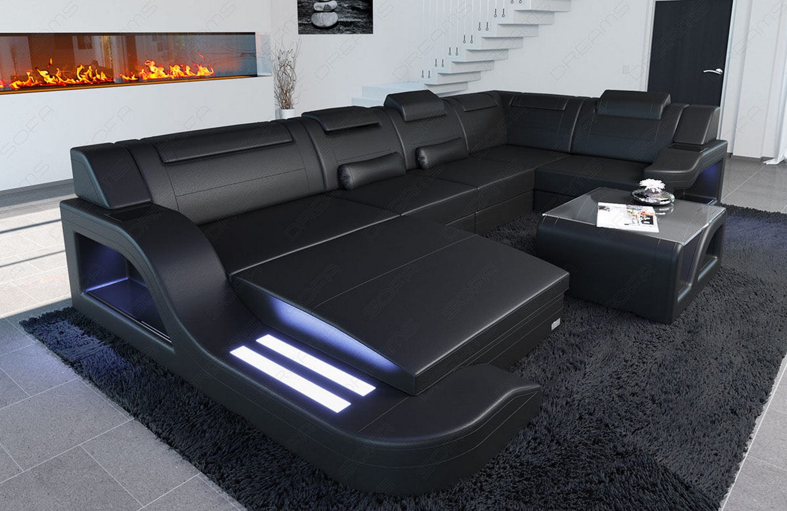 Design Wohnlandschaft Palermo U-Form mit LED schwarz