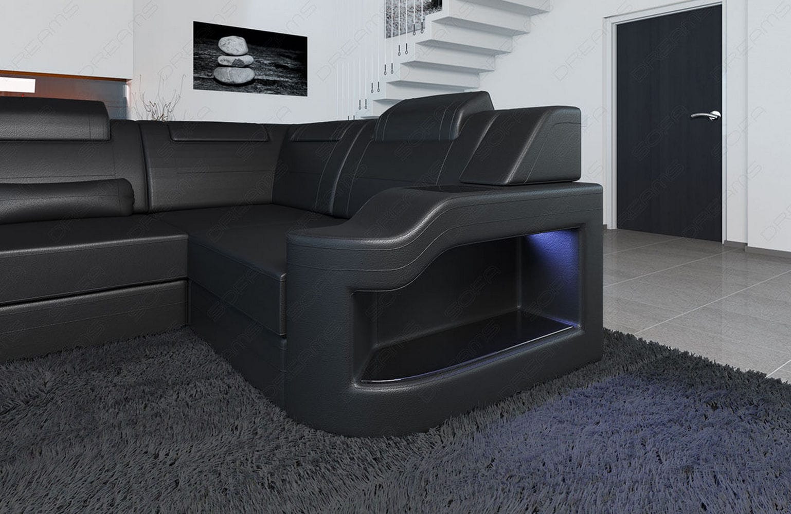 Design Wohnlandschaft Palermo U-Form mit LED schwarz