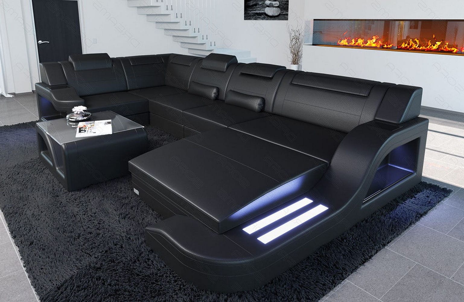 Design Wohnlandschaft Palermo U-Form mit LED schwarz