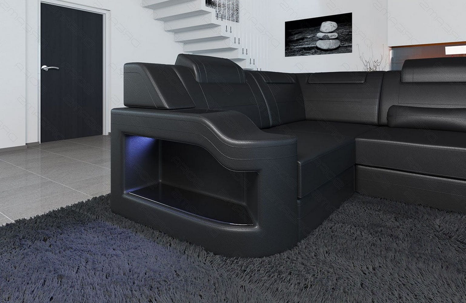 Design Wohnlandschaft Palermo U-Form mit LED schwarz