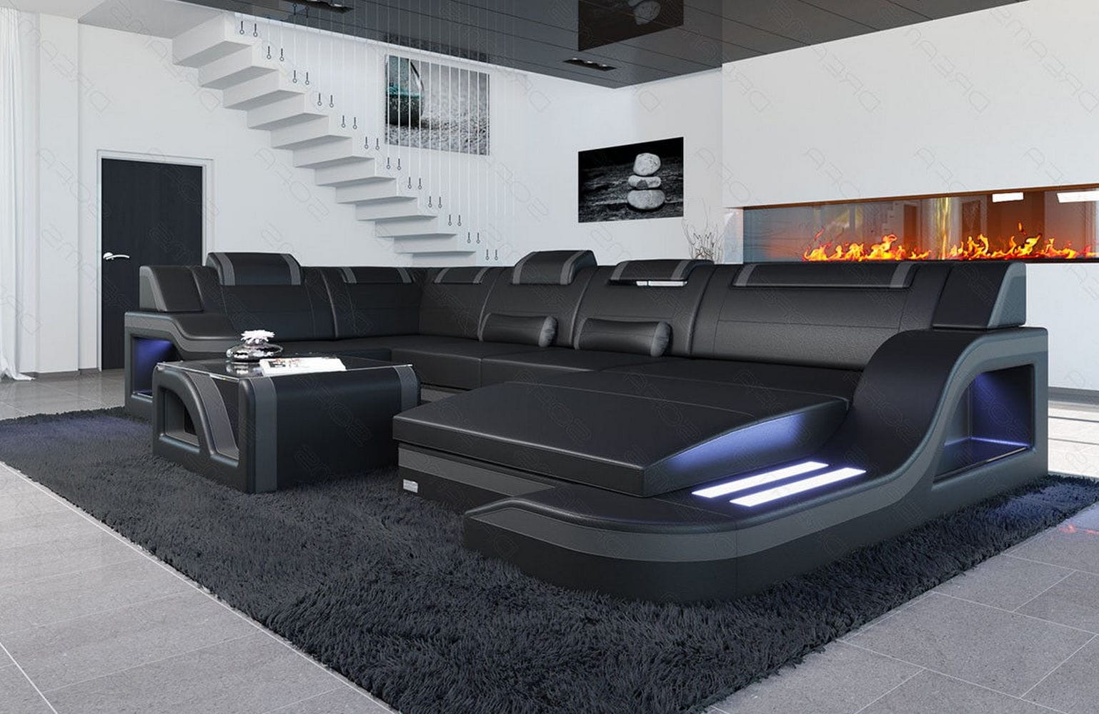 Design Wohnlandschaft Palermo U-Form mit LED schwarz-grau