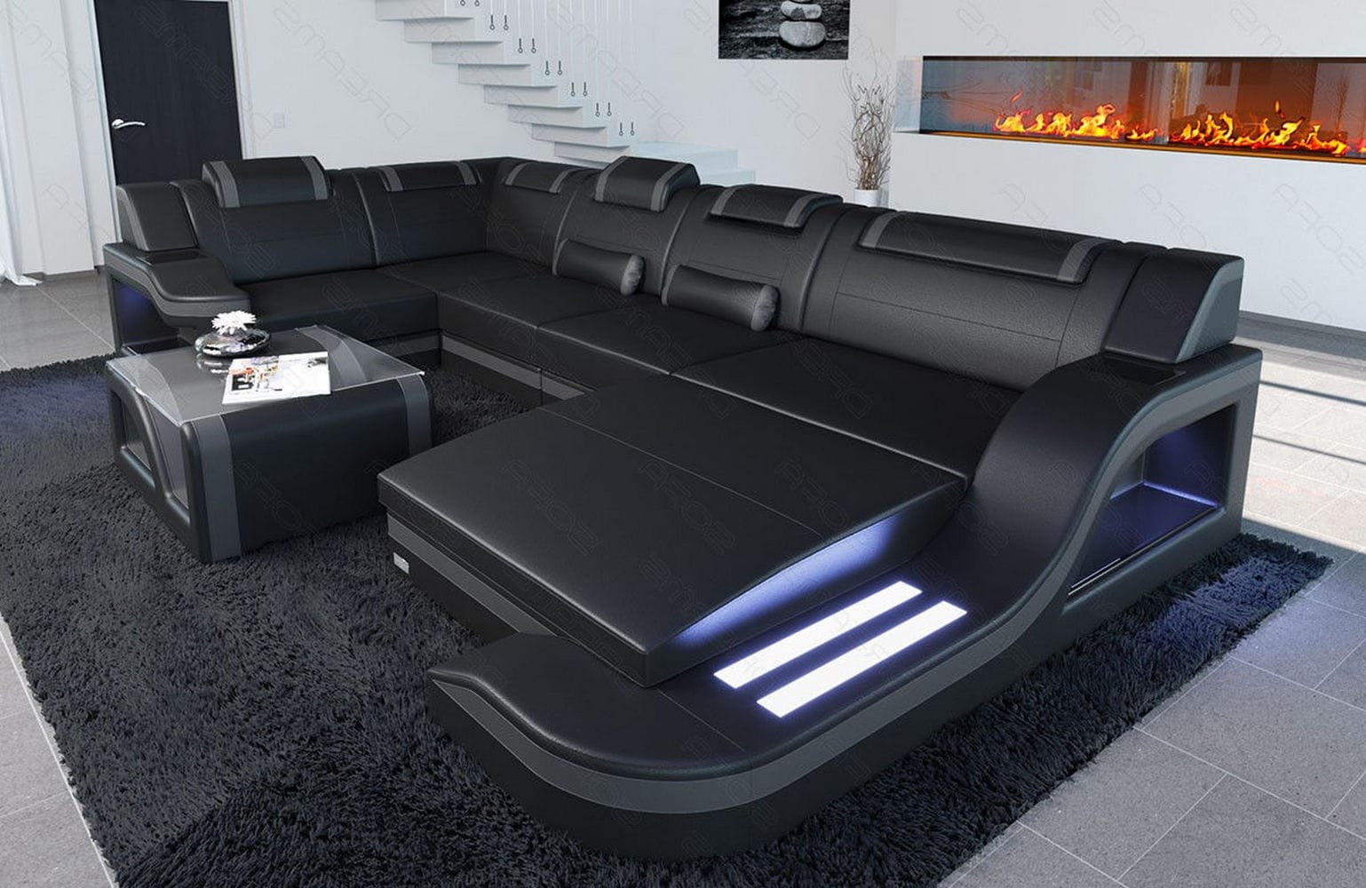 Design Wohnlandschaft Palermo U-Form mit LED schwarz-grau