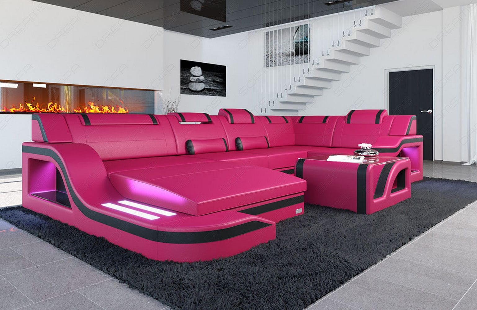 Design Wohnlandschaft Palermo U-Form mit LED pink-schwarz