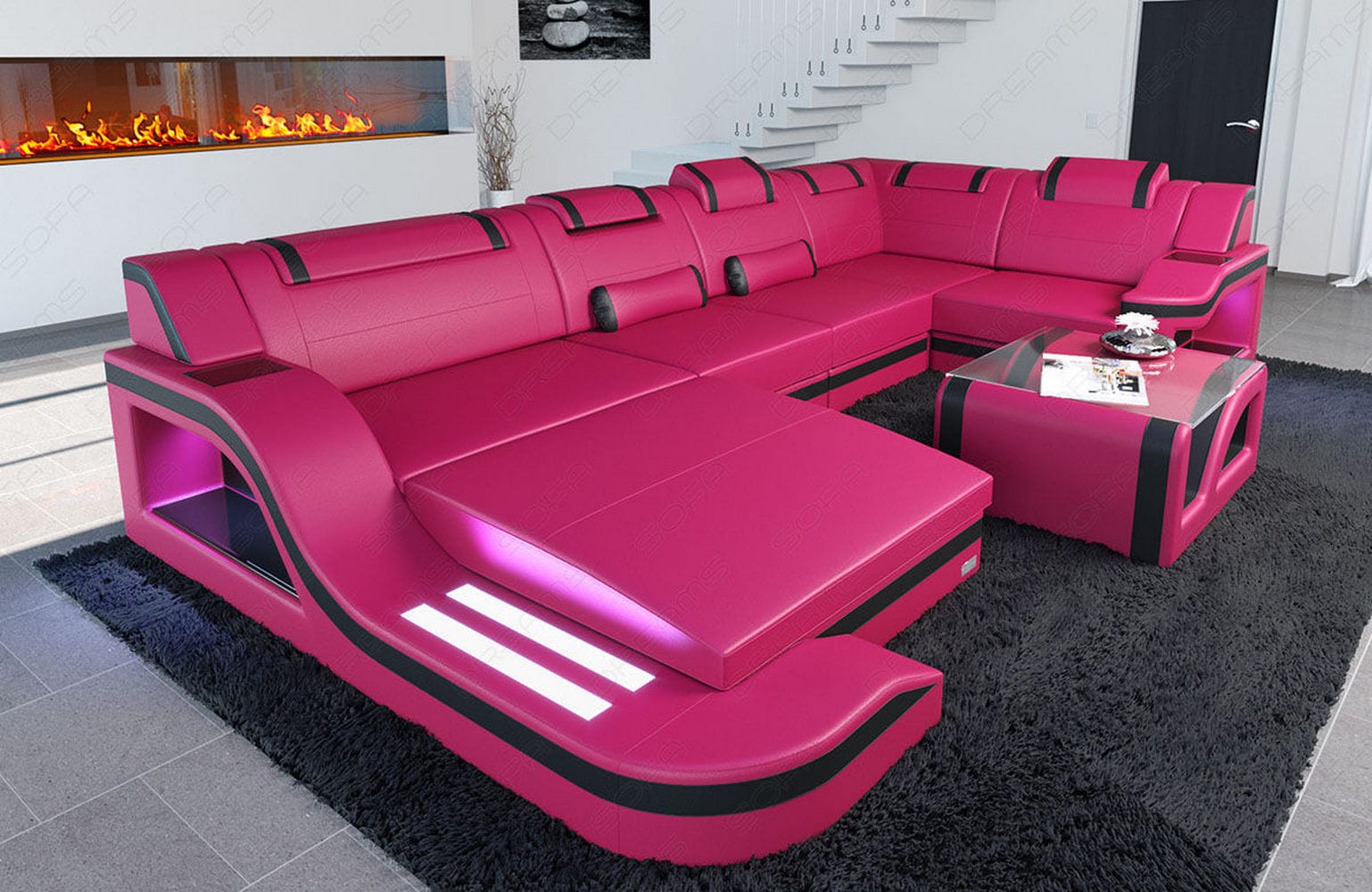 Design Wohnlandschaft Palermo U-Form mit LED pink-schwarz
