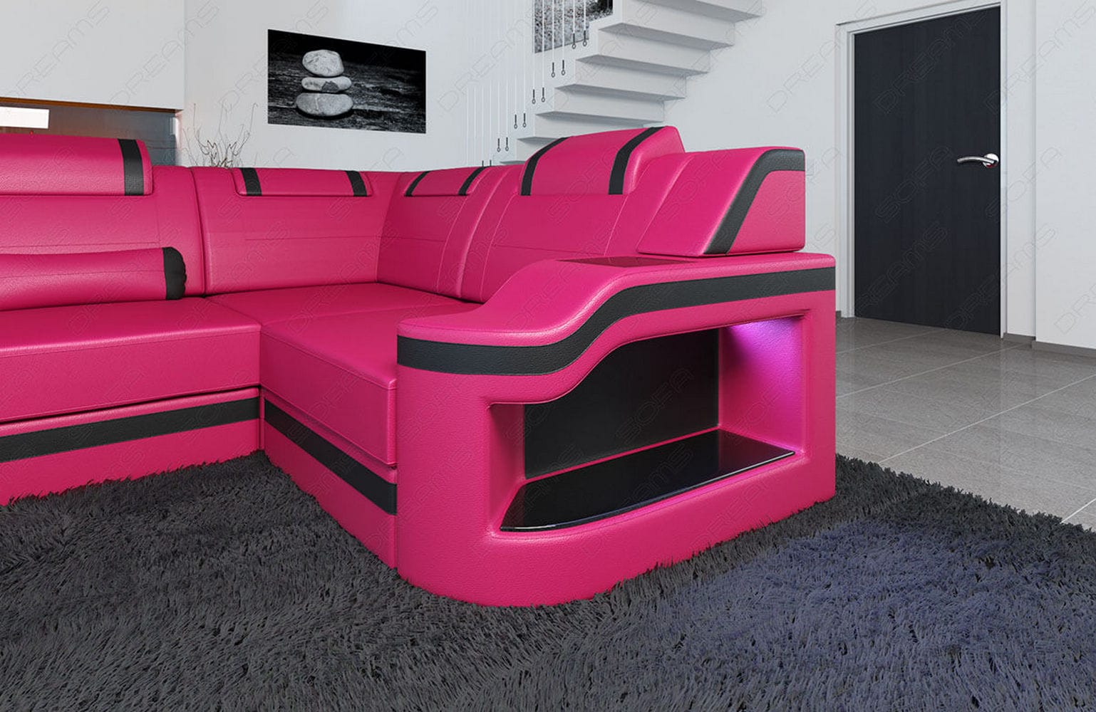 Design Wohnlandschaft Palermo U-Form mit LED pink-schwarz