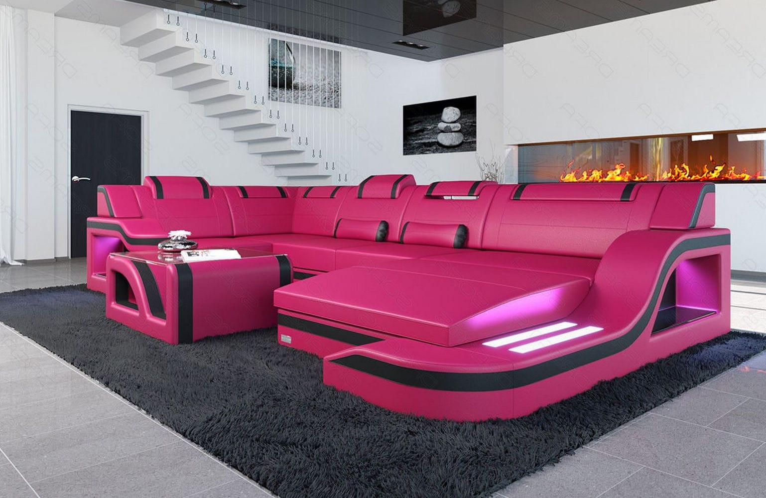Design Wohnlandschaft Palermo U-Form mit LED pink-schwarz