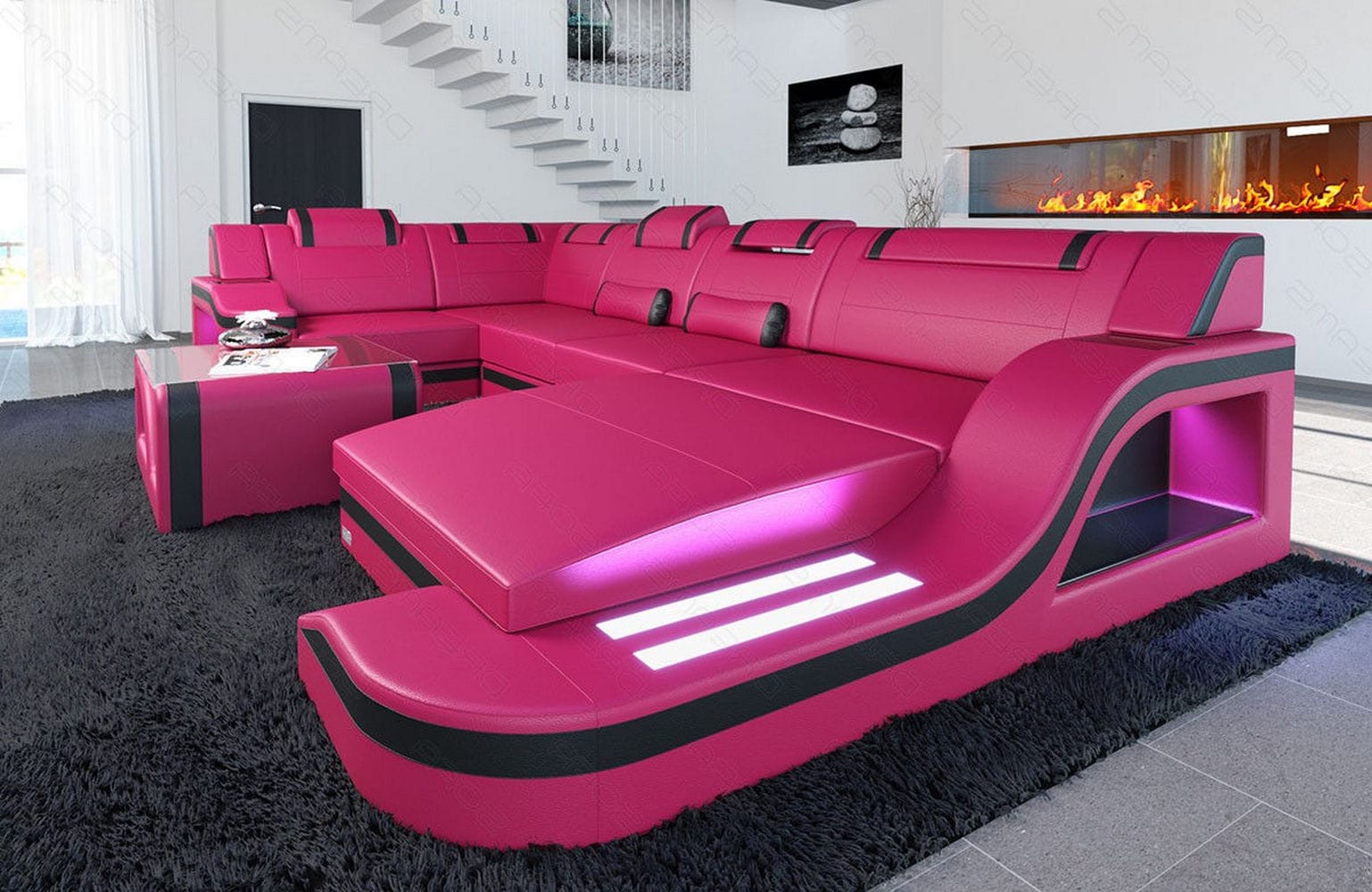 Design Wohnlandschaft Palermo U-Form mit LED pink-schwarz