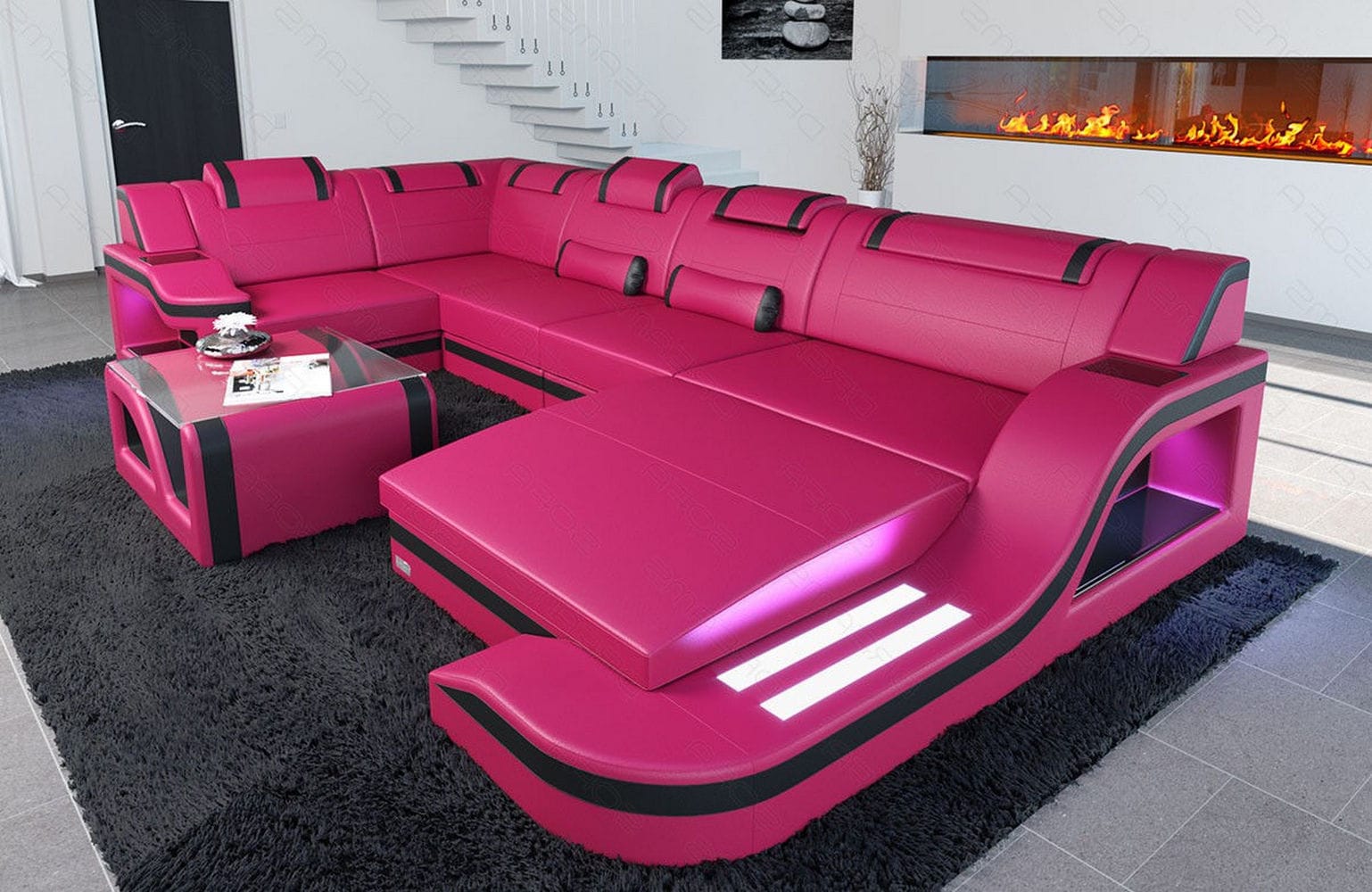 Design Wohnlandschaft Palermo U-Form mit LED pink-schwarz