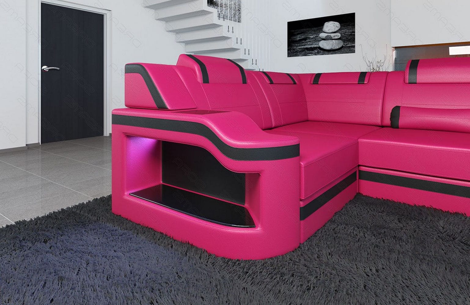 Design Wohnlandschaft Palermo U-Form mit LED pink-schwarz