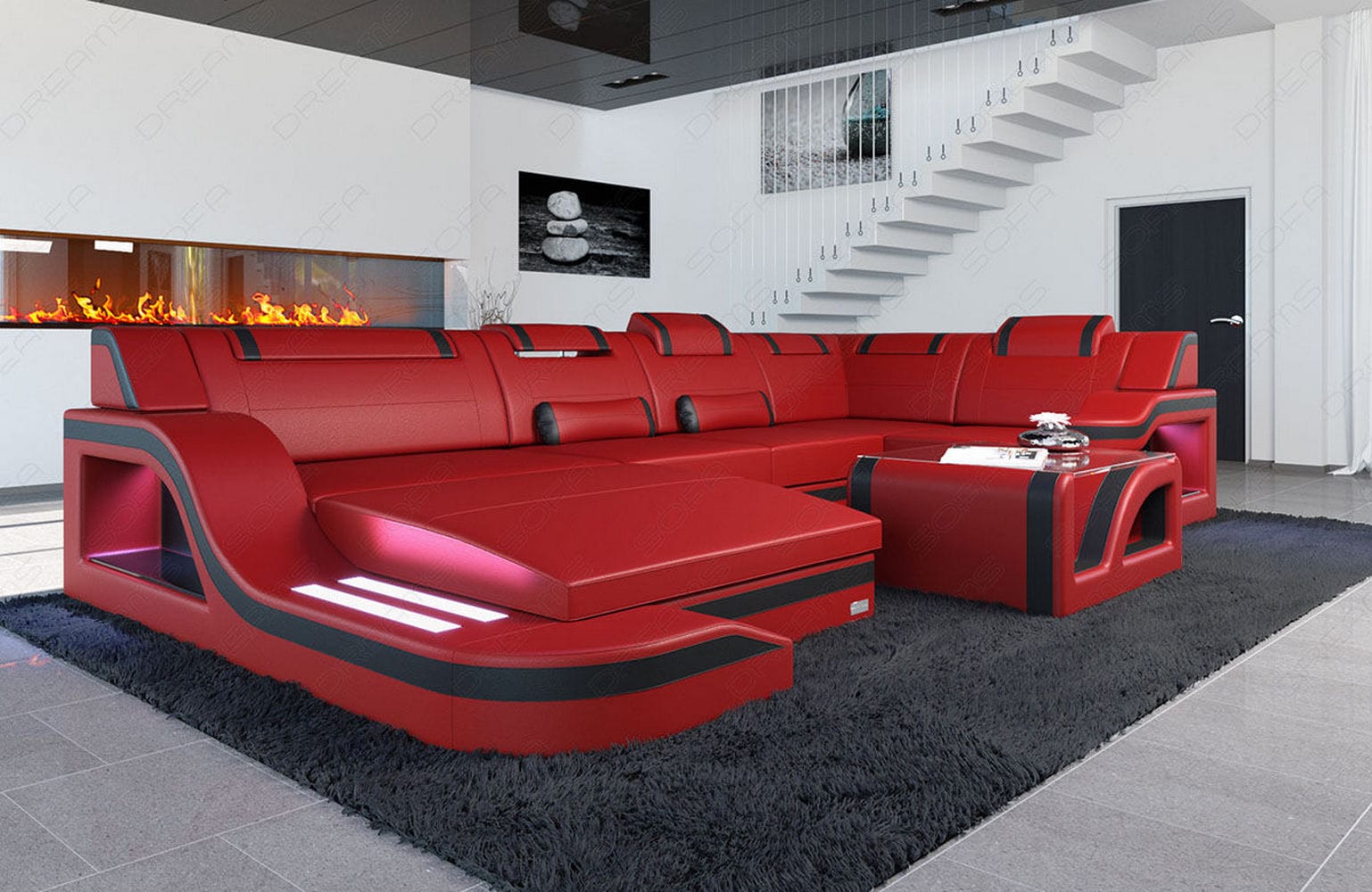 Design Wohnlandschaft Palermo U-Form mit LED rot-schwarz