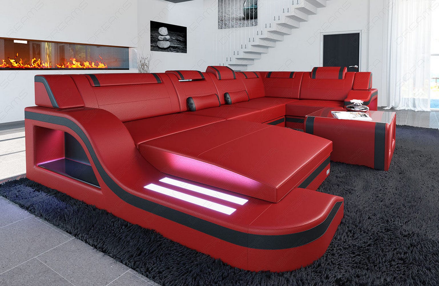 Design Wohnlandschaft Palermo U-Form mit LED rot-schwarz