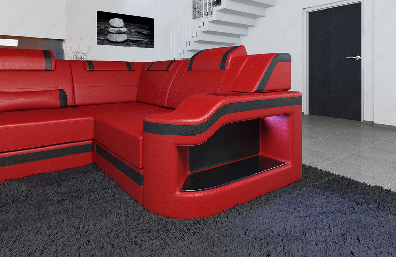 Design Wohnlandschaft Palermo U-Form mit LED rot-schwarz