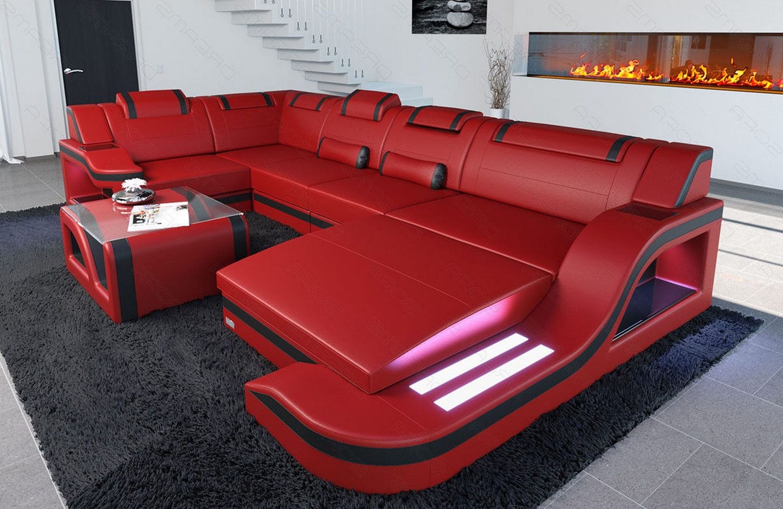 Design Wohnlandschaft Palermo U-Form mit LED rot-schwarz