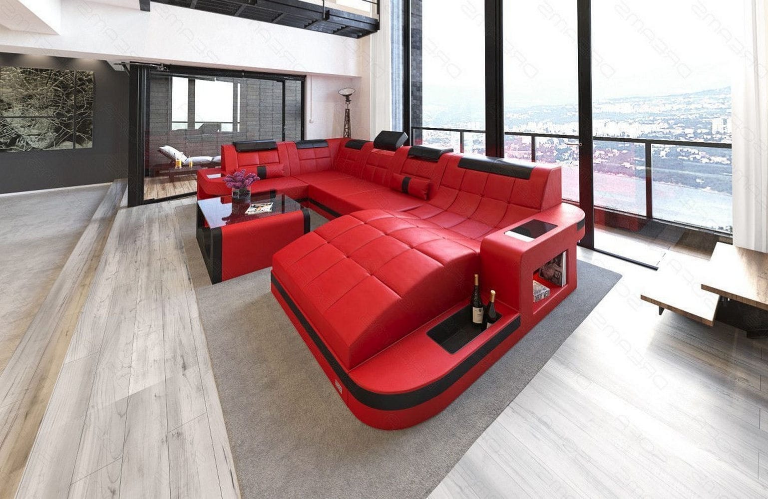 Relax-Wohnlandschaft Wave mit LED-Beleuchtung rot-schwarz