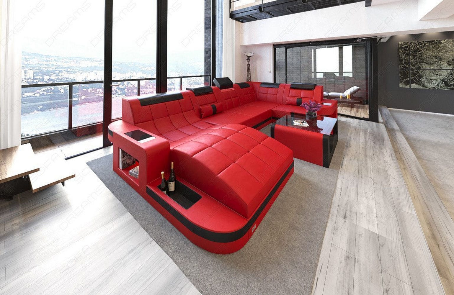 Relax-Wohnlandschaft Wave mit LED-Beleuchtung rot-schwarz