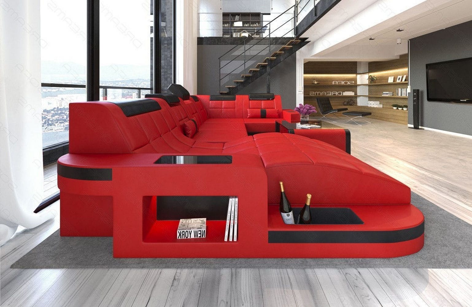 Relax-Wohnlandschaft Wave mit LED-Beleuchtung rot-schwarz