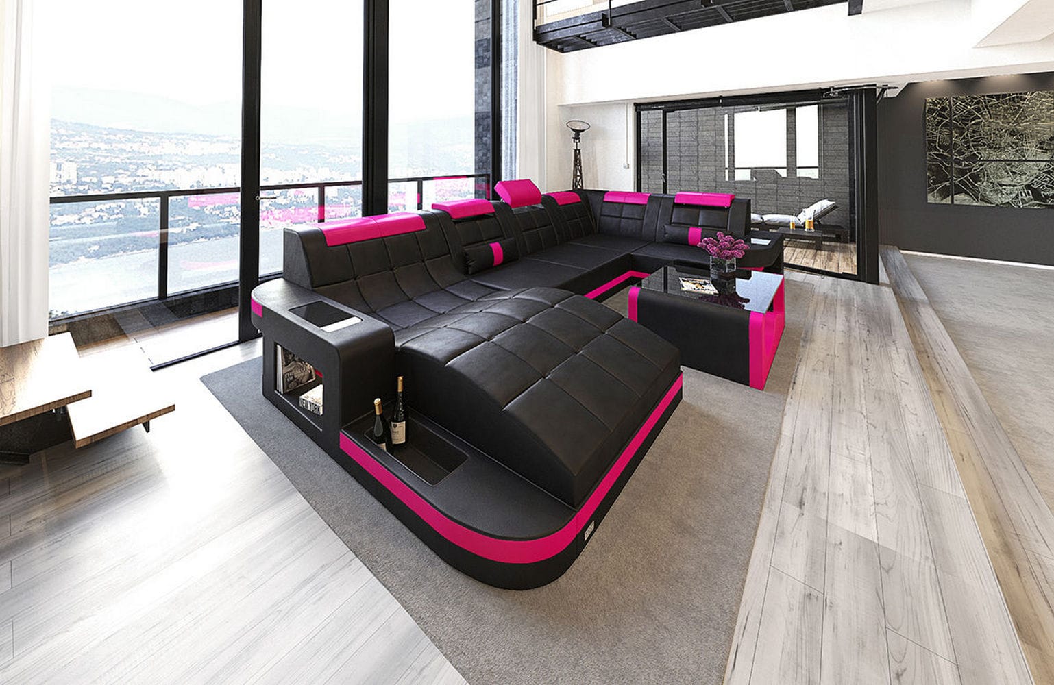 Relax-Wohnlandschaft Wave mit LED-Beleuchtung schwarz-pink