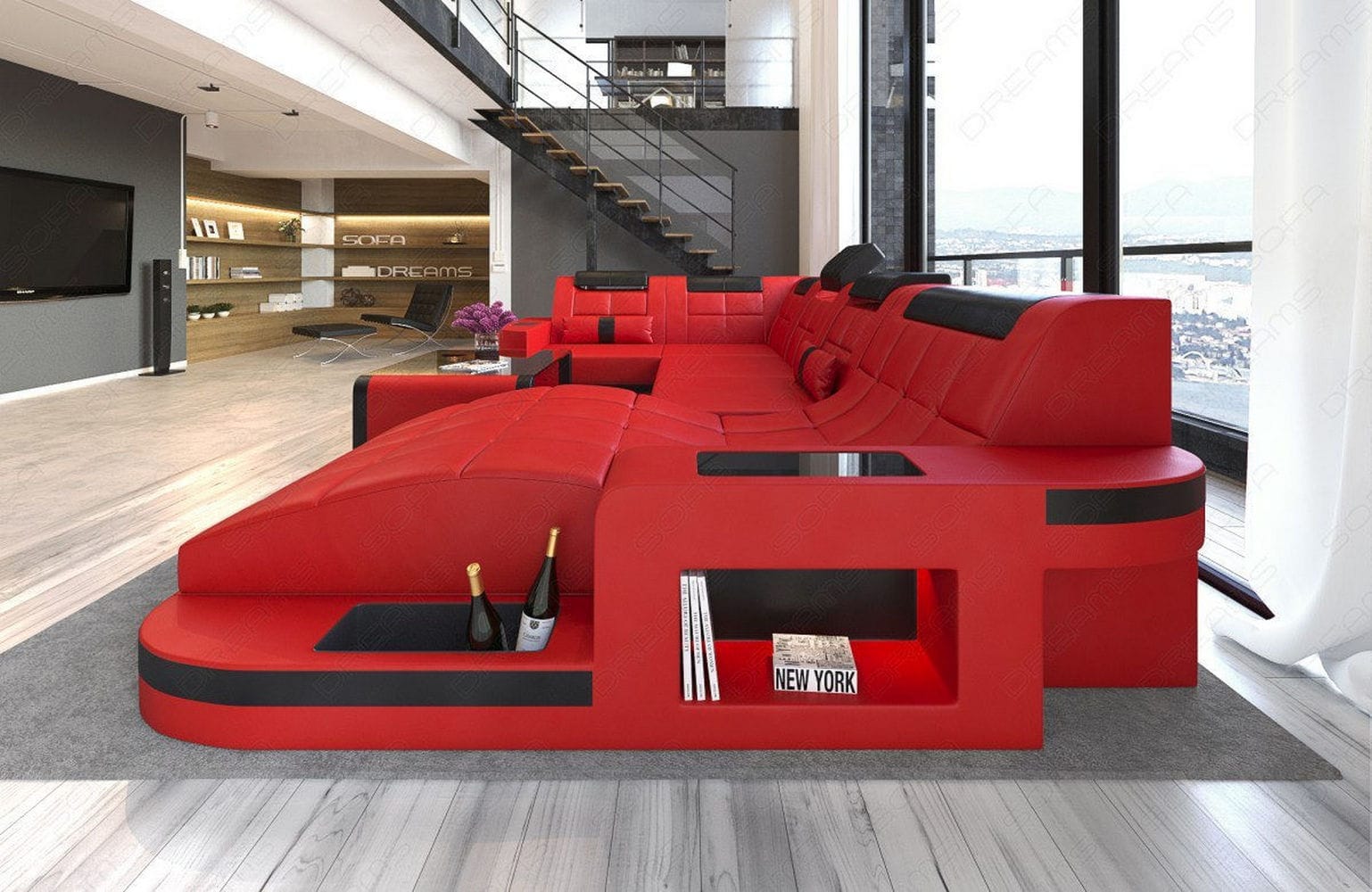 Relax-Wohnlandschaft Wave mit LED-Beleuchtung rot-schwarz