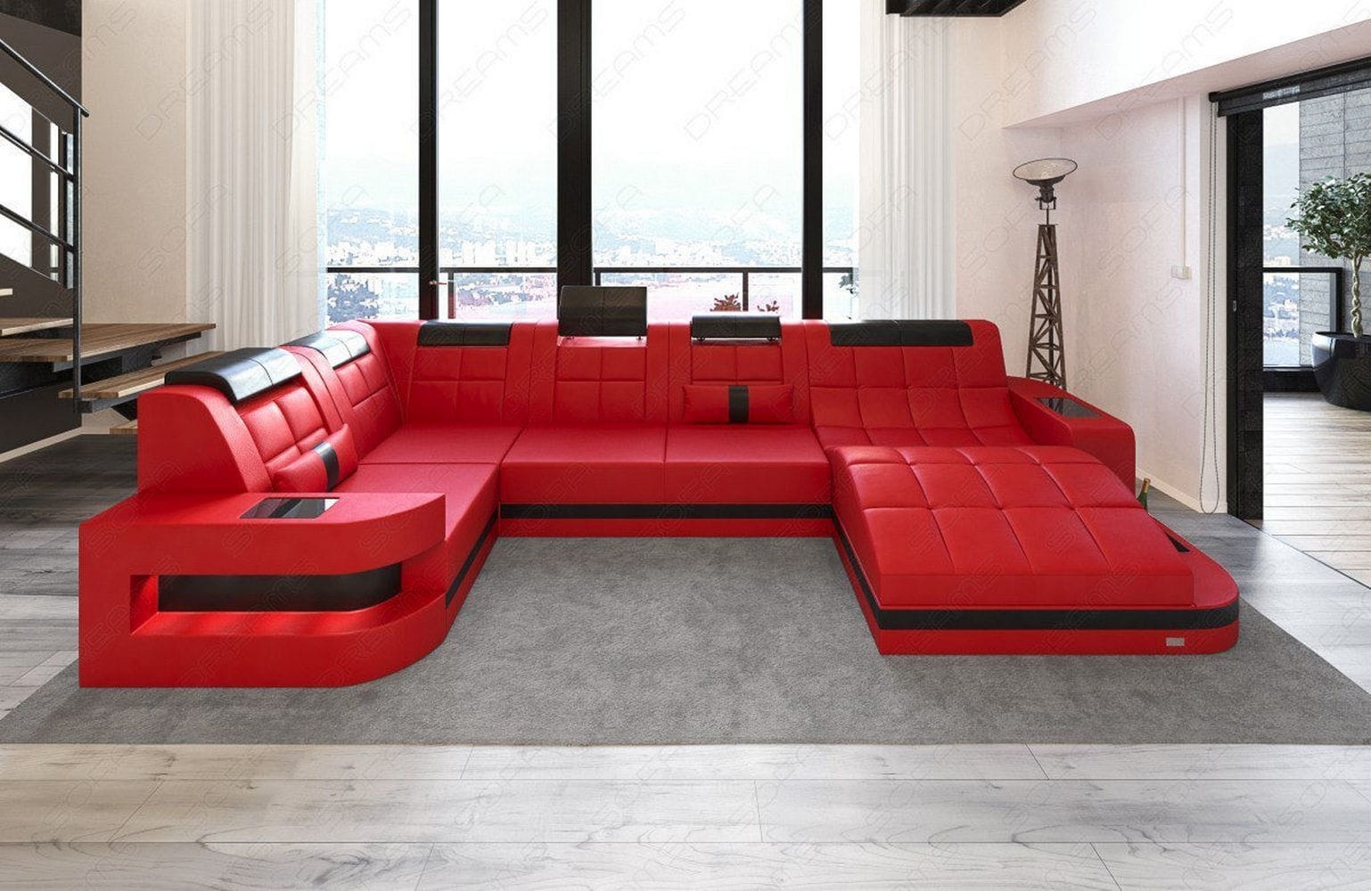 Relax-Wohnlandschaft Wave mit LED-Beleuchtung rot-schwarz