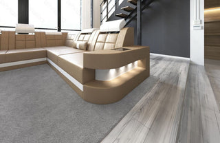 Mini Wohnlandschaft Wave XL U-Form in Leder Sandbeige-Weiß
