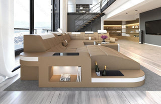 Mini Wohnlandschaft Wave XL U-Form in Leder Sandbeige-Weiß