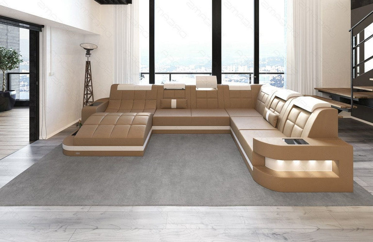 Mini Wohnlandschaft Wave XL U-Form in Leder Sandbeige-Weiß
