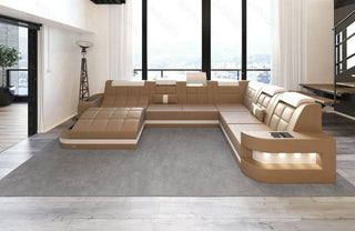 Mini Wohnlandschaft Wave XL U-Form in Leder Sandbeige-Weiß