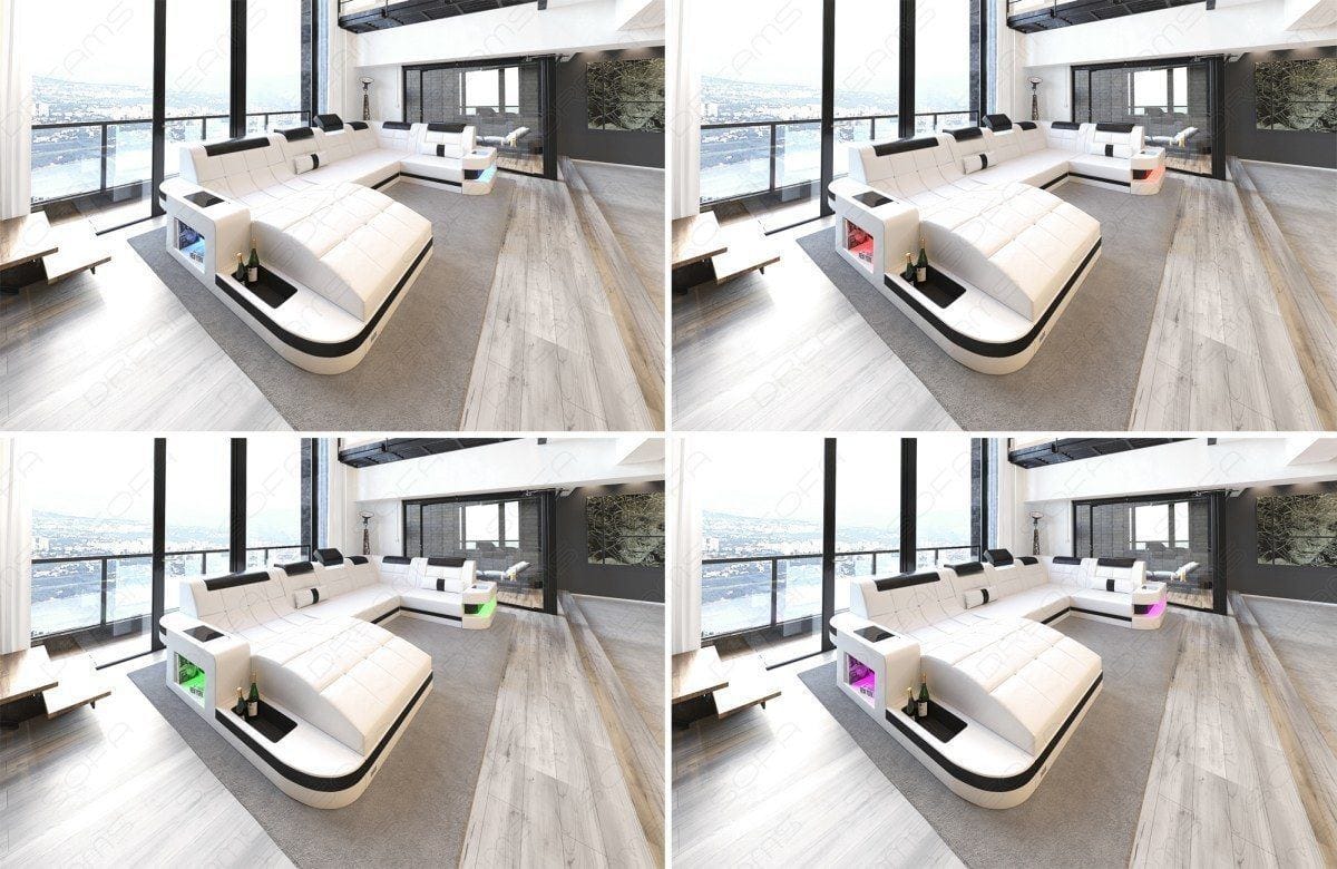 Mini Wohnlandschaft Wave XL U-Form in Leder Sandbeige-Weiß