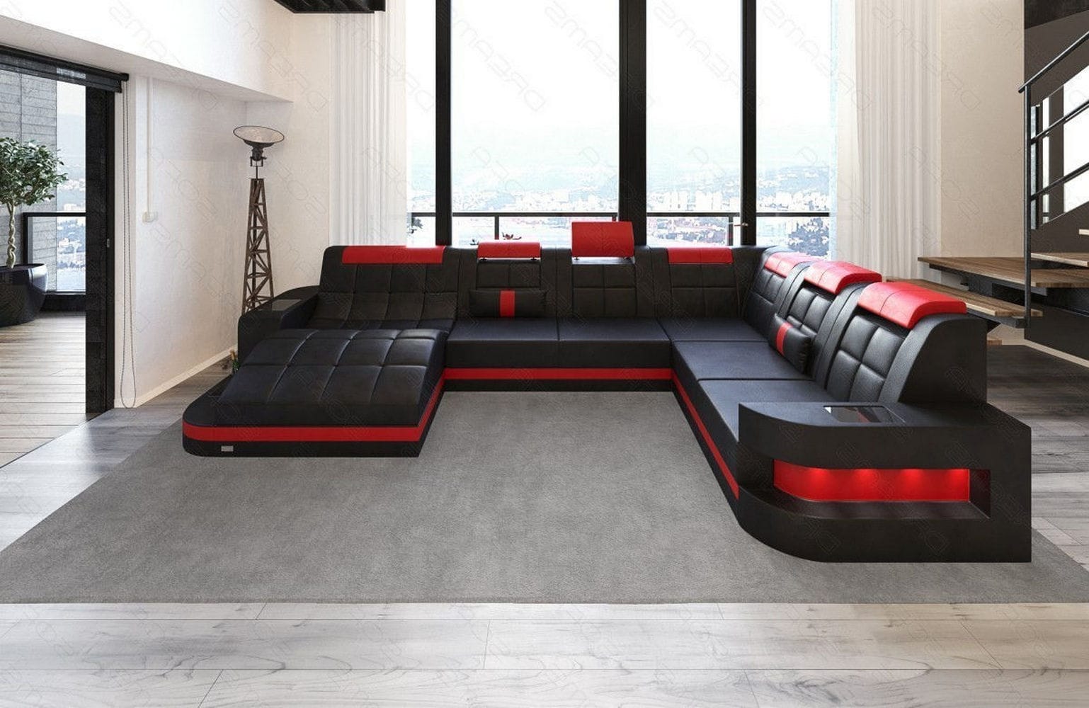 Design Wohnlandschaft Wave XL mit LED schwarz-rot