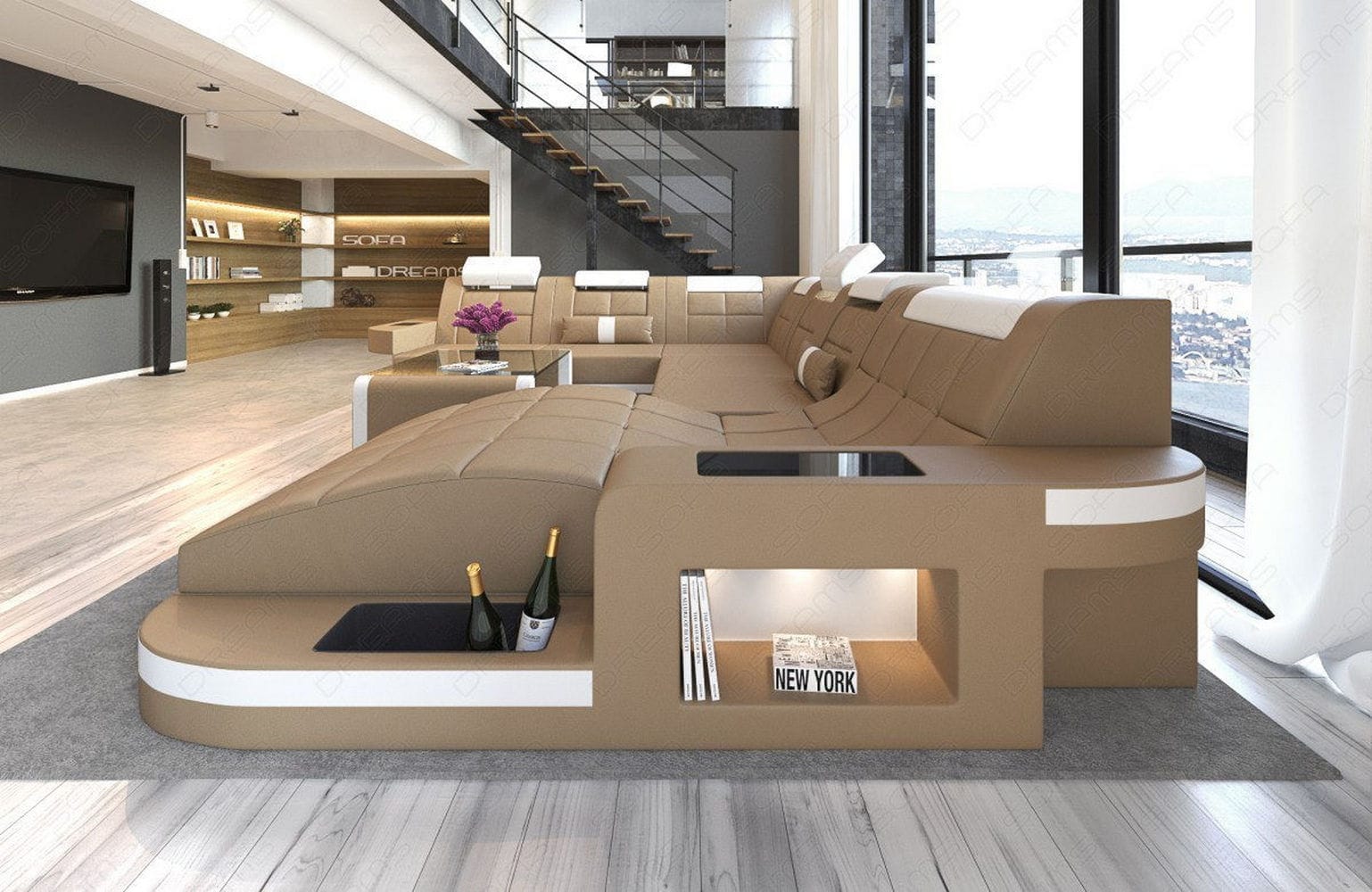 Design Wohnlandschaft Wave XL mit LED sandbeige-weiß
