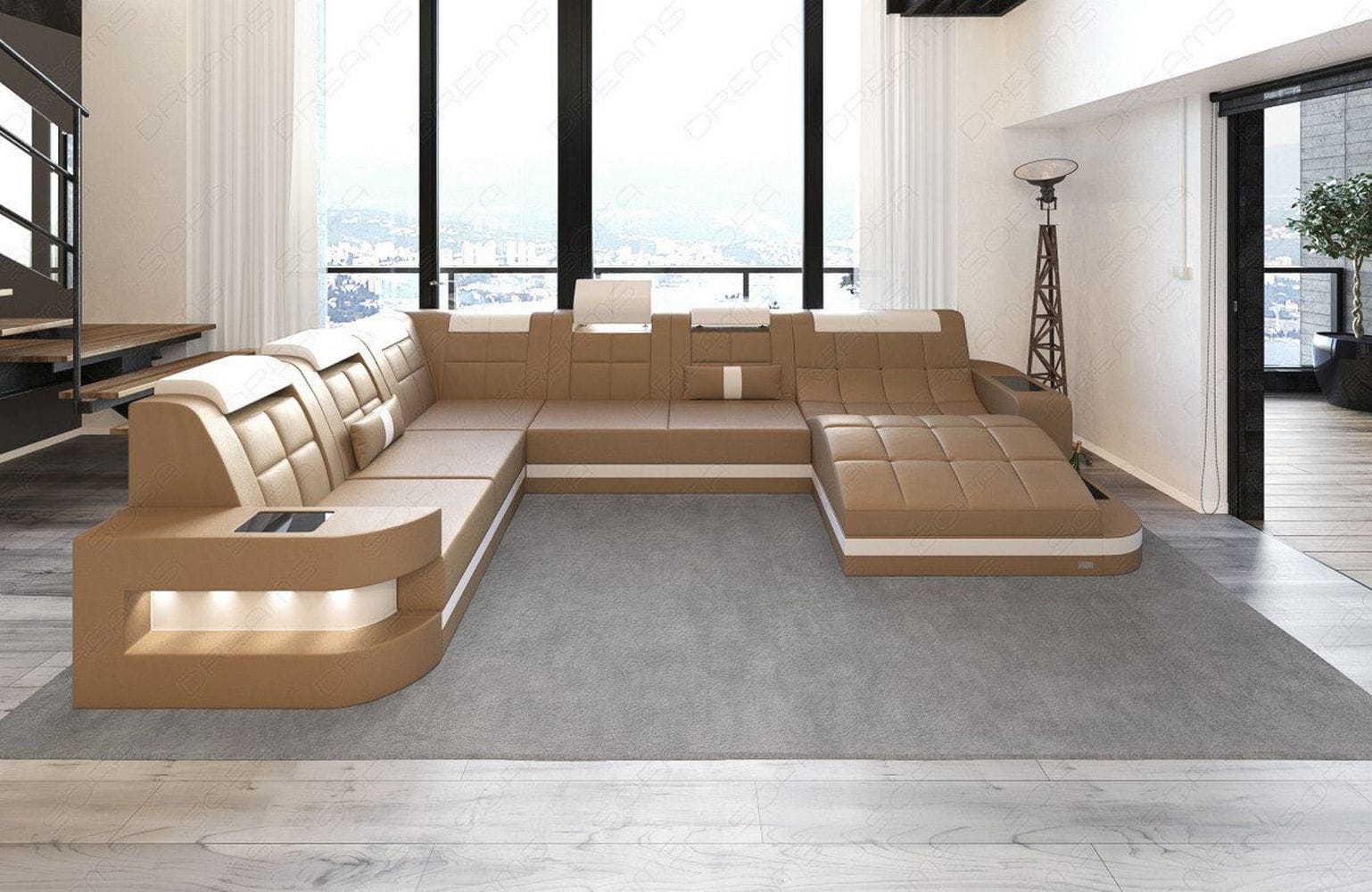 Design Wohnlandschaft Wave XL mit LED sandbeige-weiß