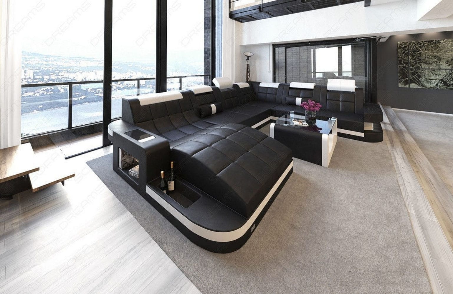 Design Wohnlandschaft Wave XL mit LED schwarz-weiß