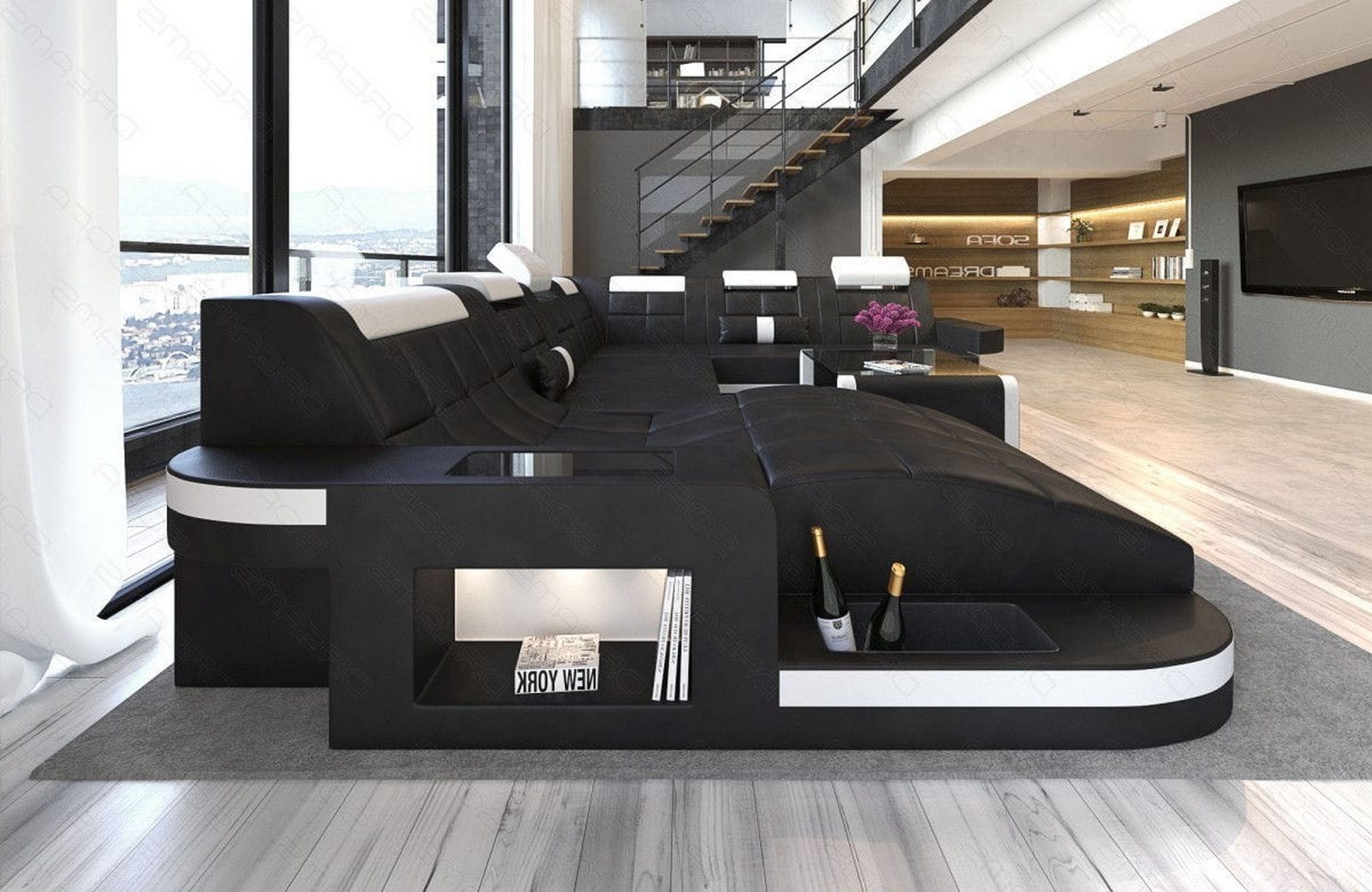Design Wohnlandschaft Wave XL mit LED schwarz-weiß