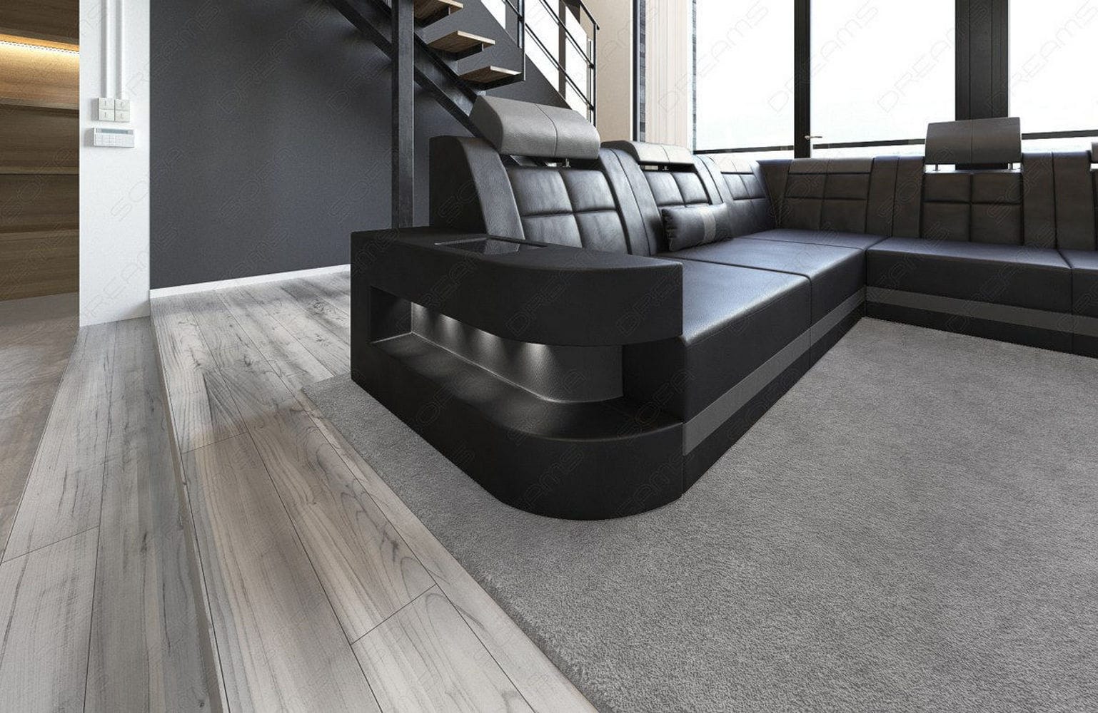 Design Wohnlandschaft Wave XL mit LED schwarz-grau