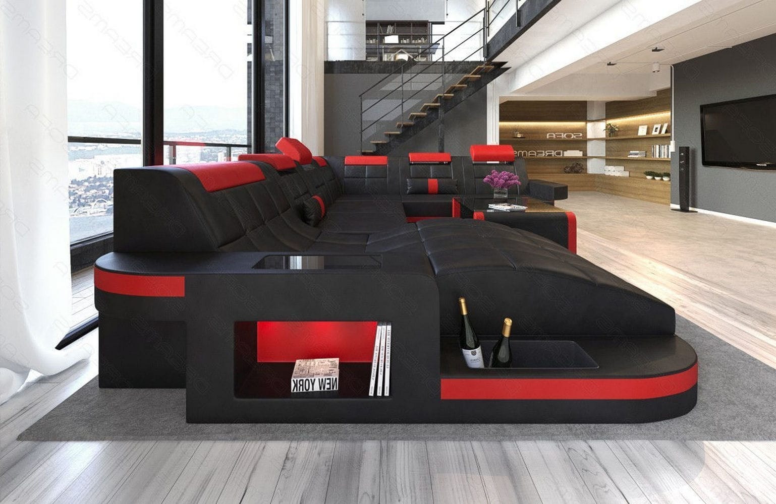 Design Wohnlandschaft Wave XL mit LED schwarz-rot