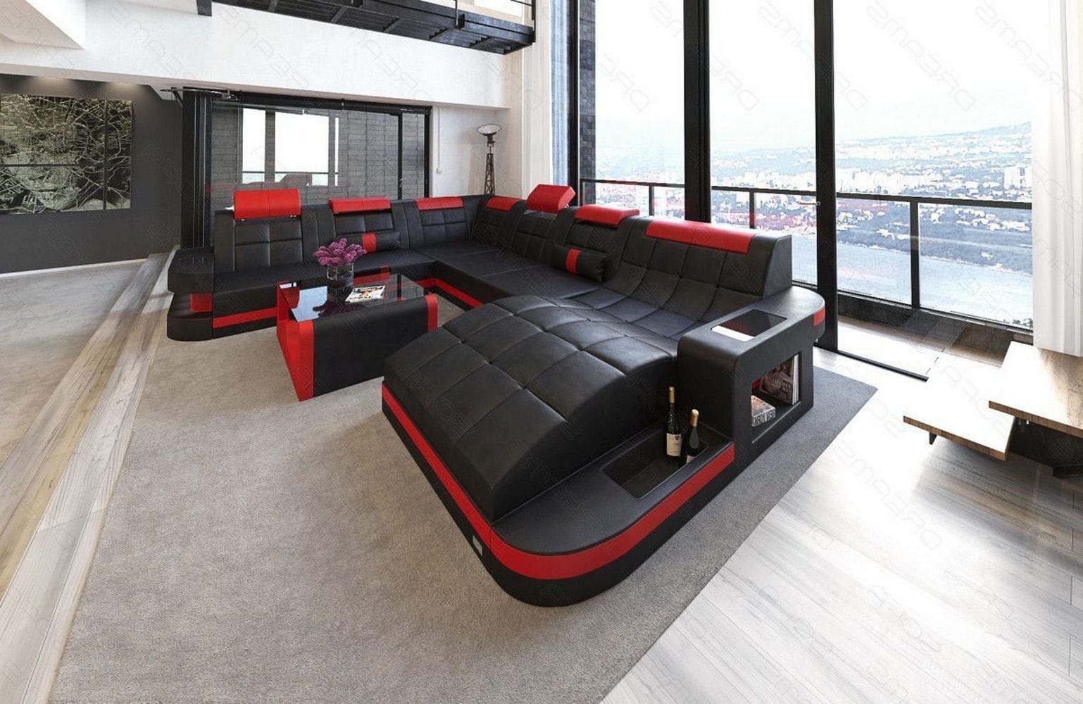 Design Wohnlandschaft Wave XL mit LED schwarz-rot