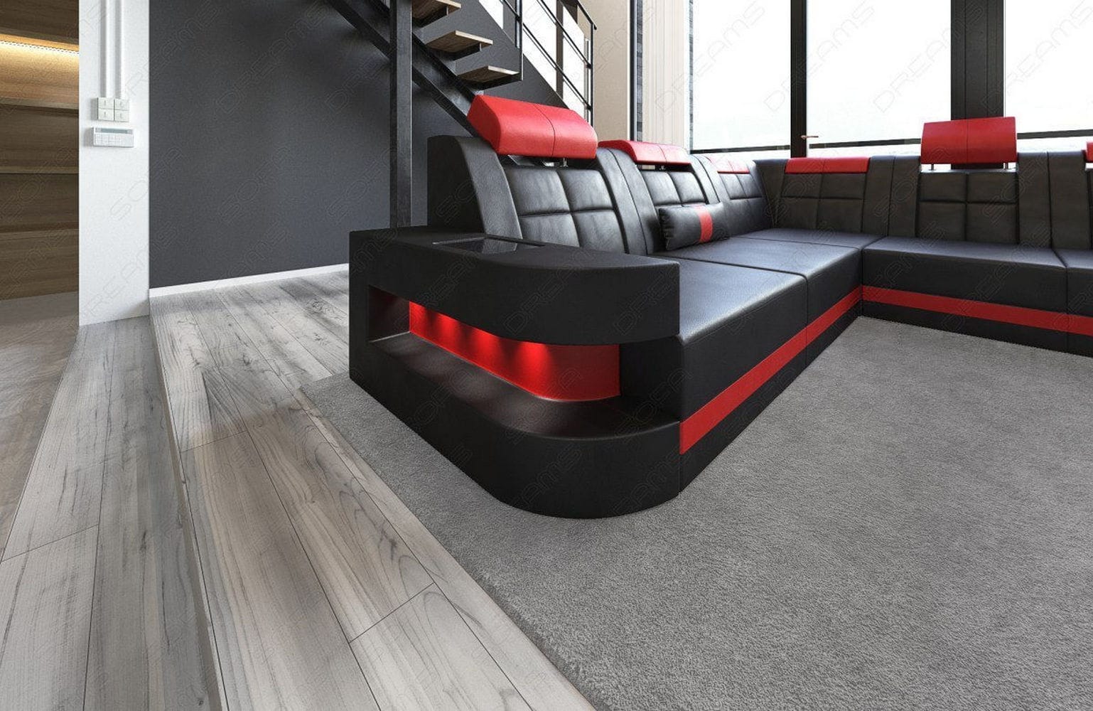 Design Wohnlandschaft Wave XL mit LED schwarz-rot