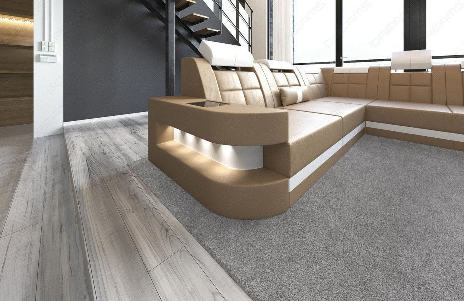 Design Wohnlandschaft Wave XL mit LED sandbeige-weiß