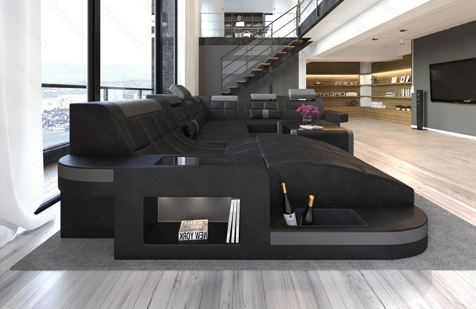 Design Wohnlandschaft Wave XL mit LED schwarz-grau