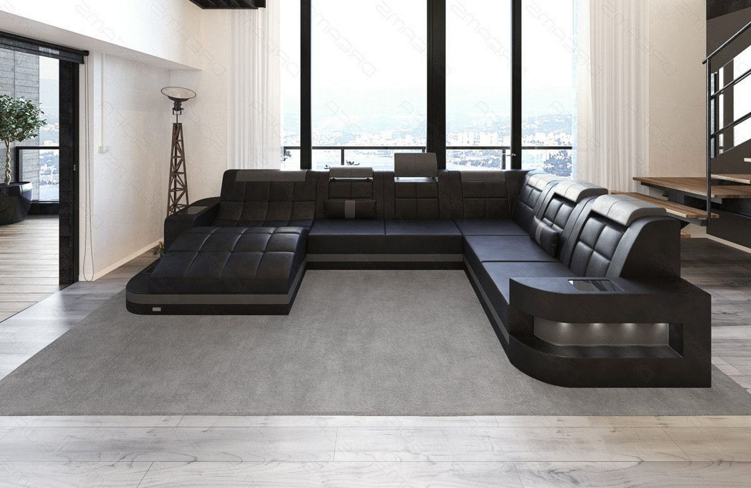 Design Wohnlandschaft Wave XL mit LED schwarz-grau