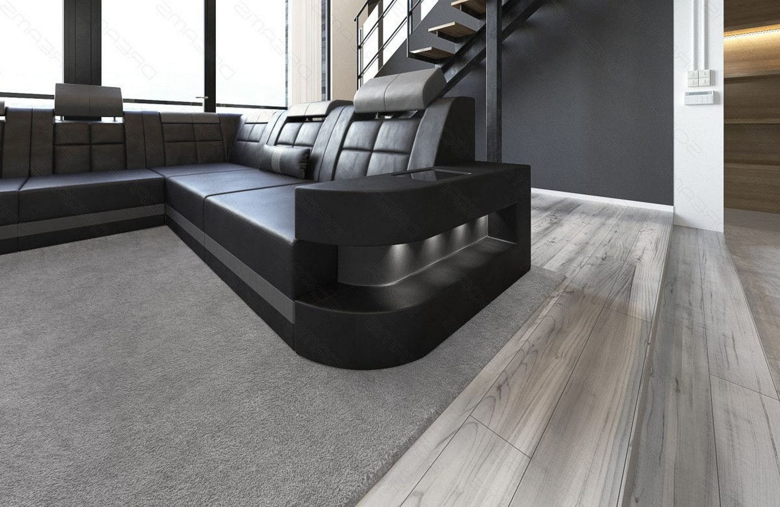 Design Wohnlandschaft Wave XL mit LED schwarz-grau