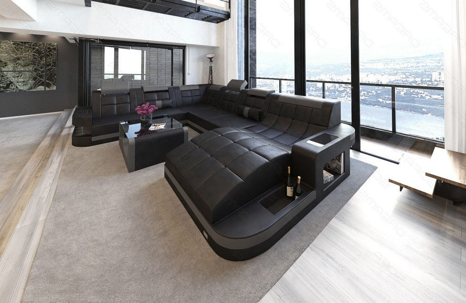 Design Wohnlandschaft Wave XL mit LED schwarz-grau