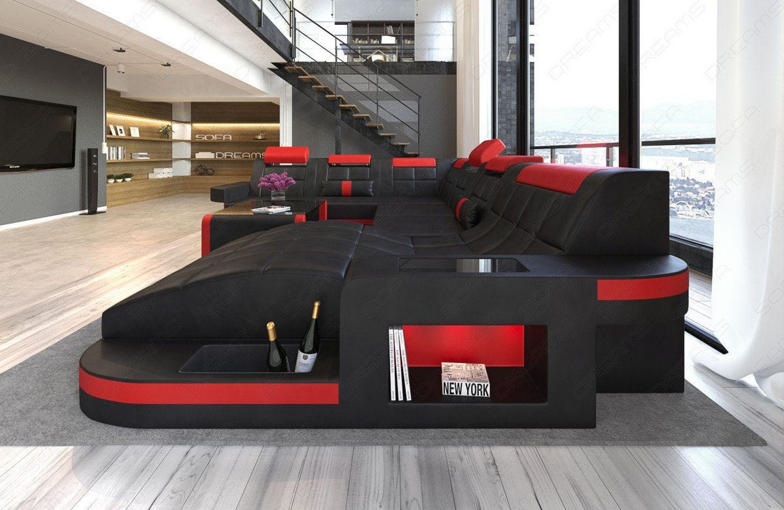 Design Wohnlandschaft Wave XL mit LED schwarz-rot