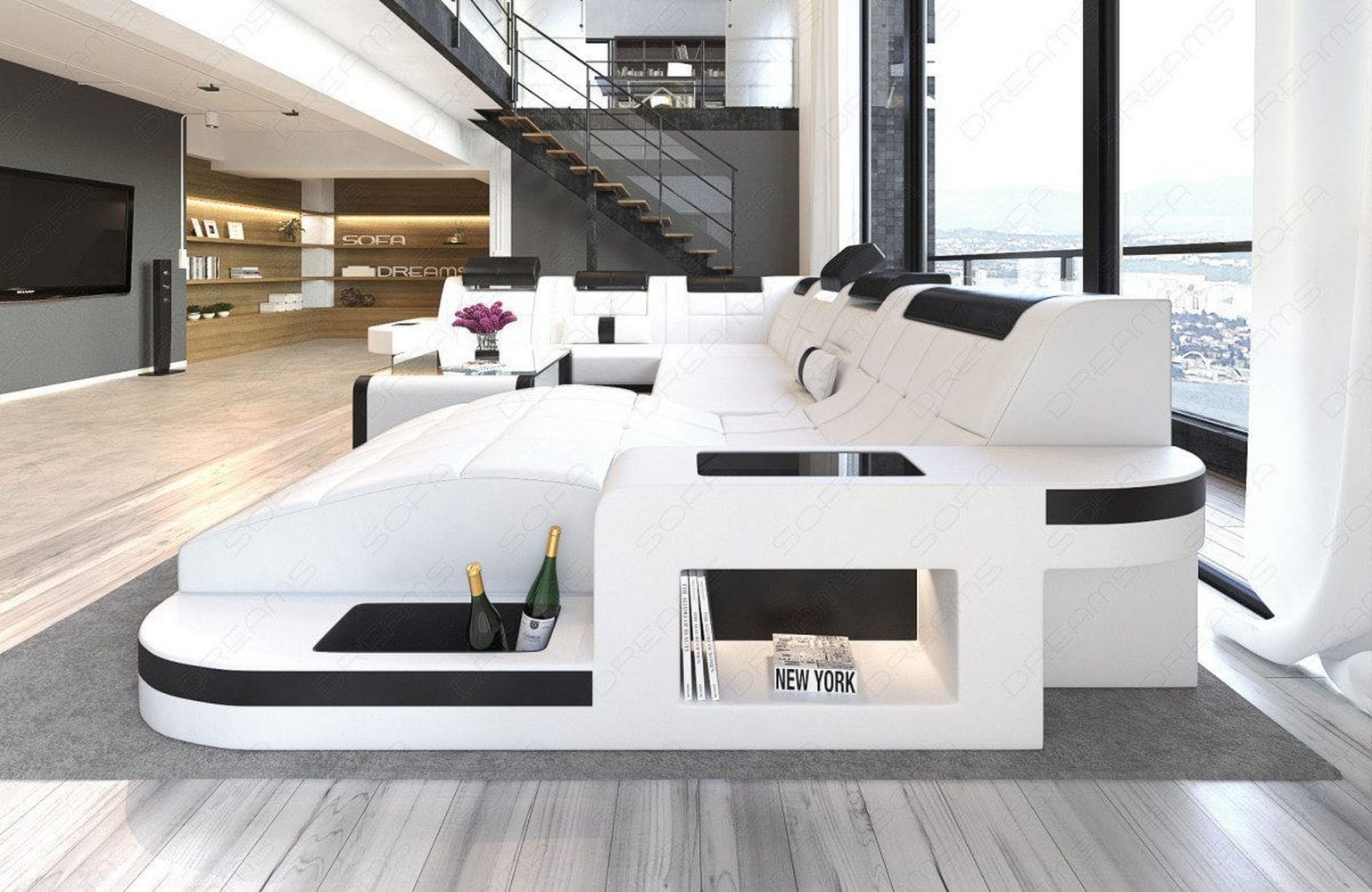 Design Wohnlandschaft Wave XL mit LED weiß-schwarz