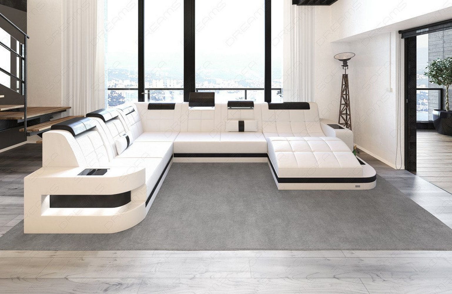 Design Wohnlandschaft Wave XL mit LED weiß-schwarz