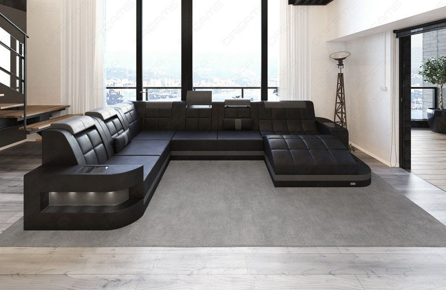Design Wohnlandschaft Wave XL mit LED schwarz-grau