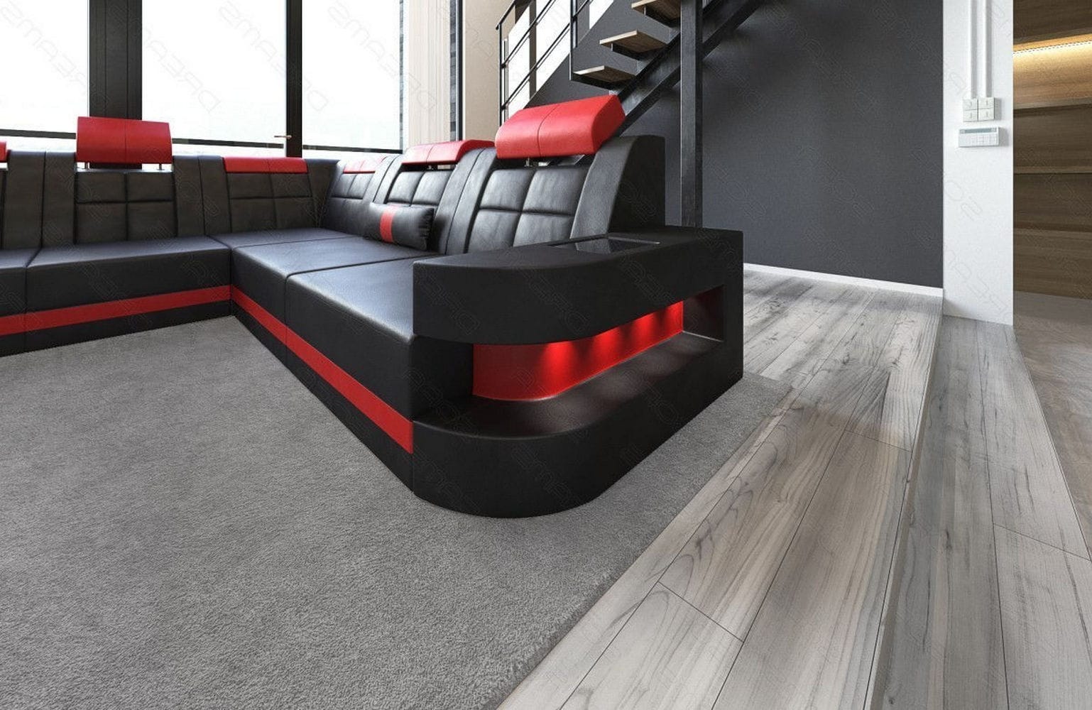 Design Wohnlandschaft Wave XL mit LED schwarz-rot